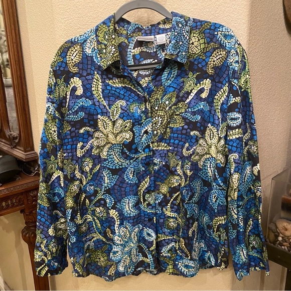 CHICO’S Women Multicolor Floral Mosaic 100% Silk Buttoned Long Sleeve Top Size 3 - Picture 1 of 7